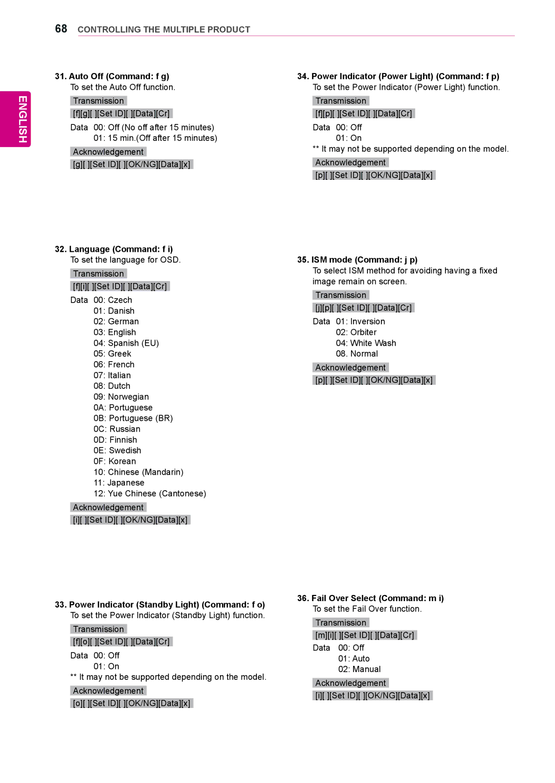 LG Electronics 72WX70MF owner manual Language Command f i To set the language for OSD, ISM mode Command j p 