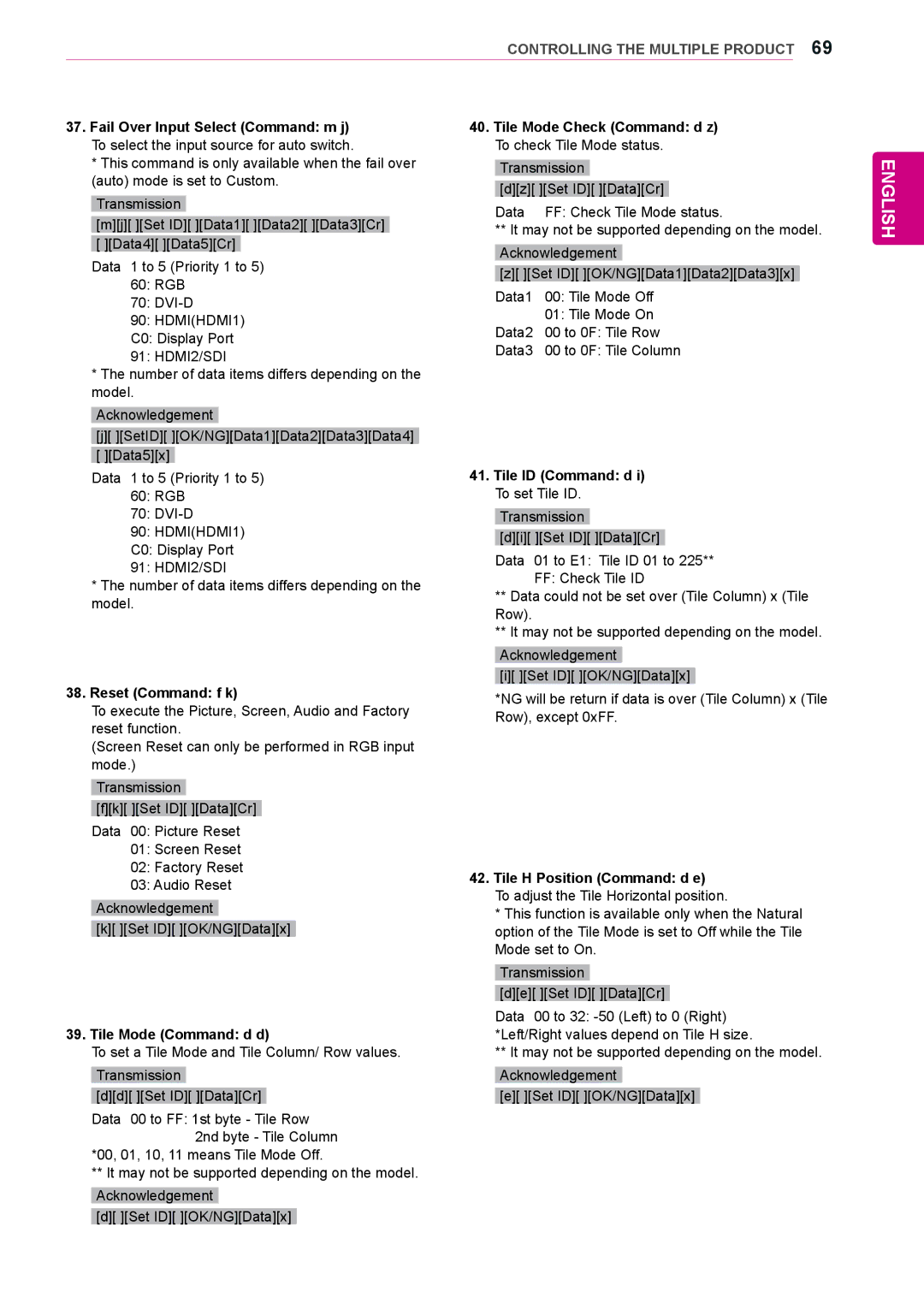 LG Electronics 72WX70MF owner manual Tile ID Command d, Reset Command f k, Tile Mode Command d d 