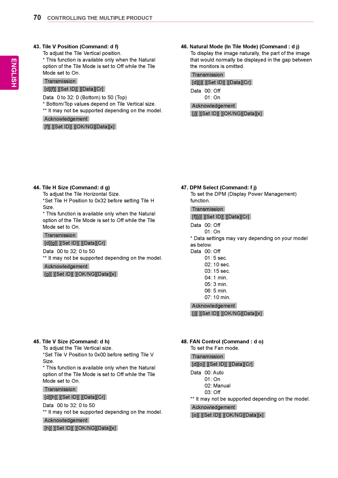 LG Electronics 72WX70MF owner manual Tile H Size Command d g, Natural Mode In Tile Mode Command d j, DPM Select Command f j 