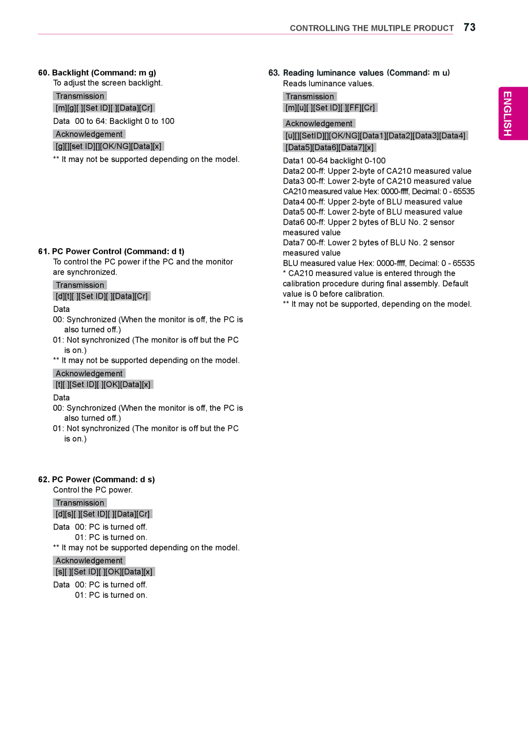 LG Electronics 72WX70MF Backlight Command m g, PC Power Control Command d t, PC Power Command d s Control the PC power 