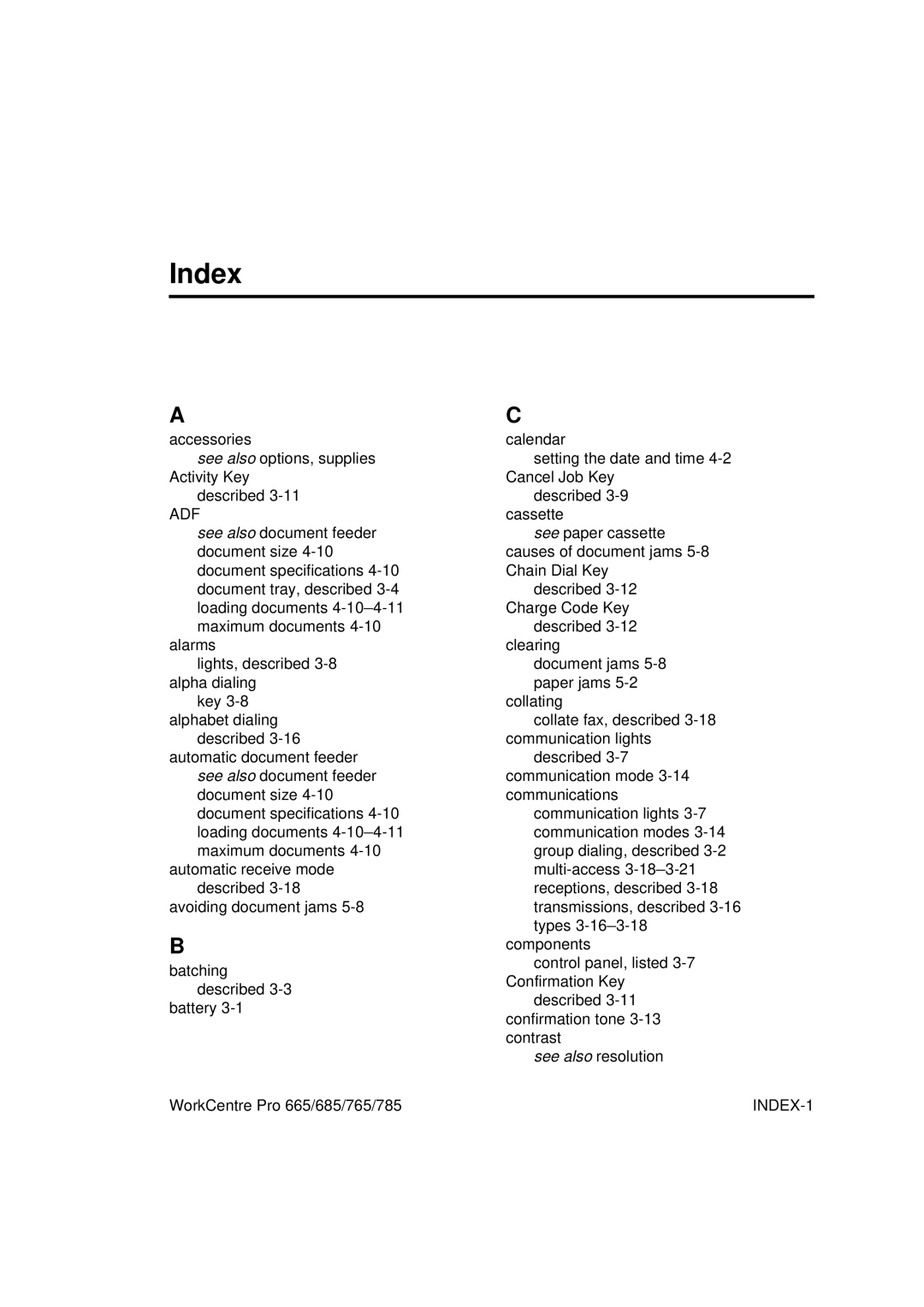 LG Electronics 685, 765, 665, 785 manual Index, Adf 