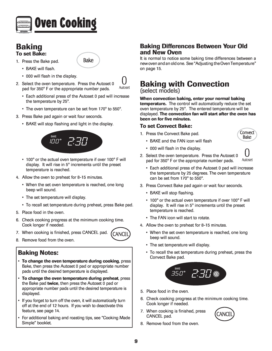 LG Electronics 800 Baking with Convection, Baking Notes, Baking Differences Between Your Old and New Oven, To set Bake 