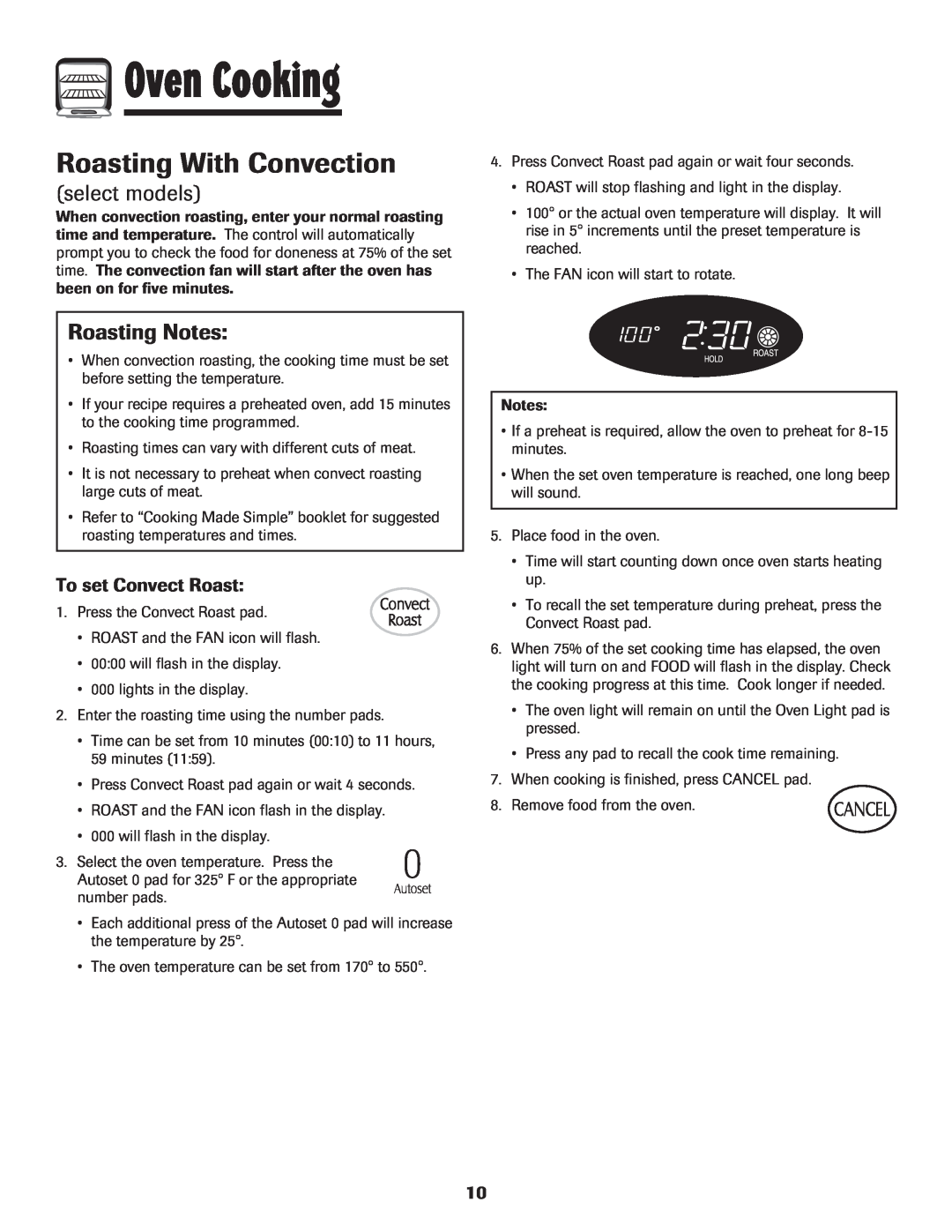 LG Electronics 800 Roasting With Convection, Roasting Notes, To set Convect Roast, Oven Cooking, select models 