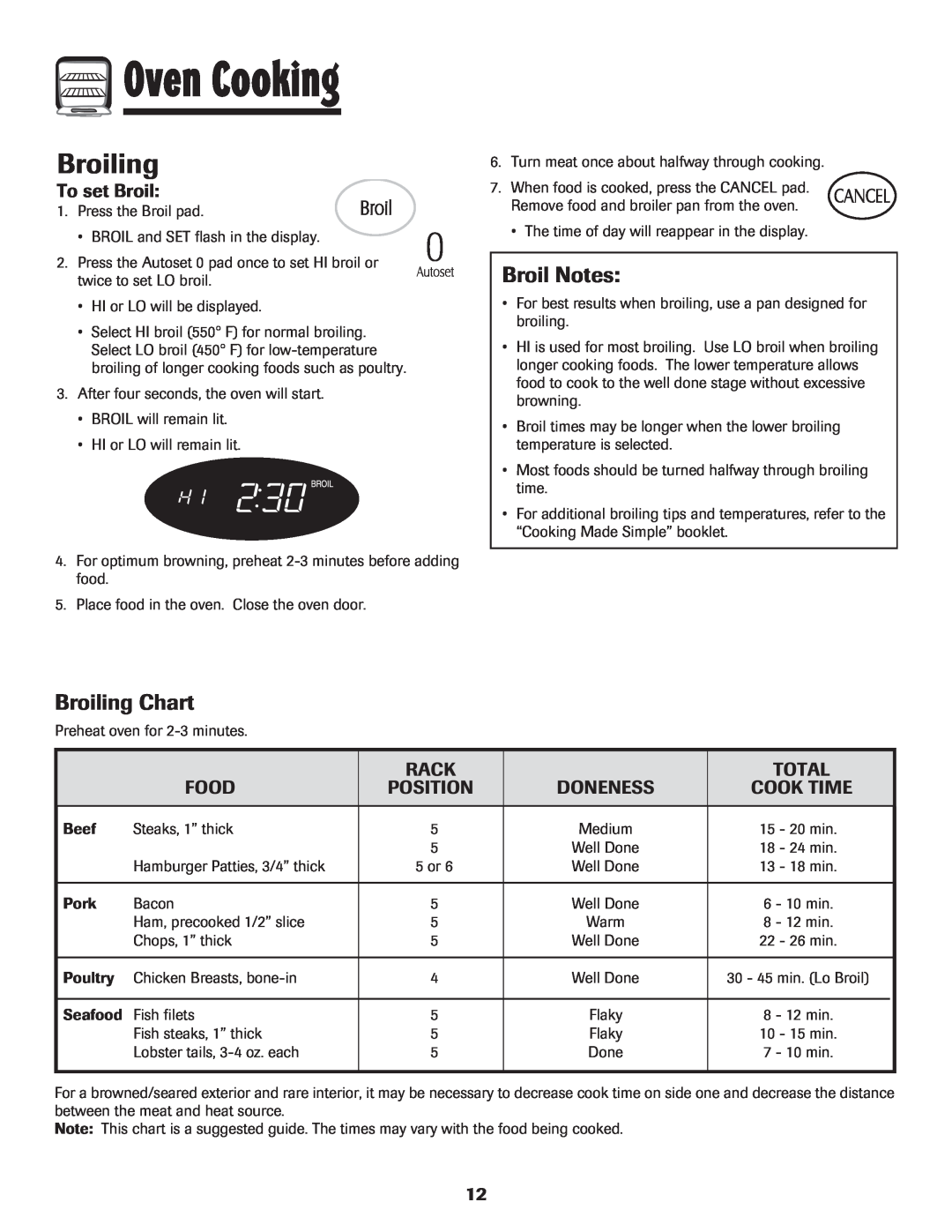 LG Electronics 800 Broil Notes, Broiling Chart, To set Broil, Rack, Total, Food, Position, Cook Time, Oven Cooking 