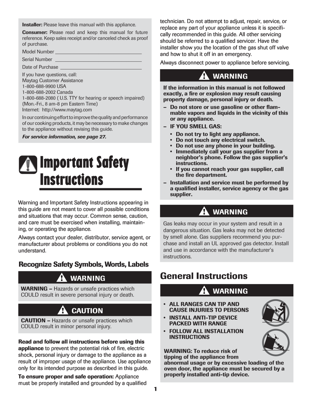 LG Electronics 800 Important Safety, General Instructions, Recognize Safety Symbols, Words, Labels 
