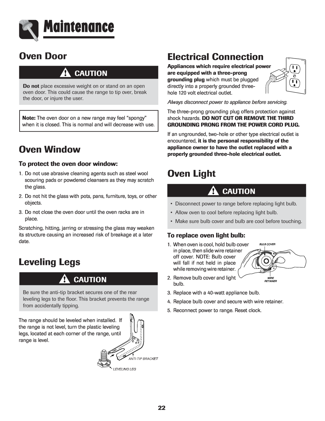 LG Electronics 800 Maintenance, Oven Door, Oven Window, Leveling Legs, Electrical Connection, To replace oven light bulb 