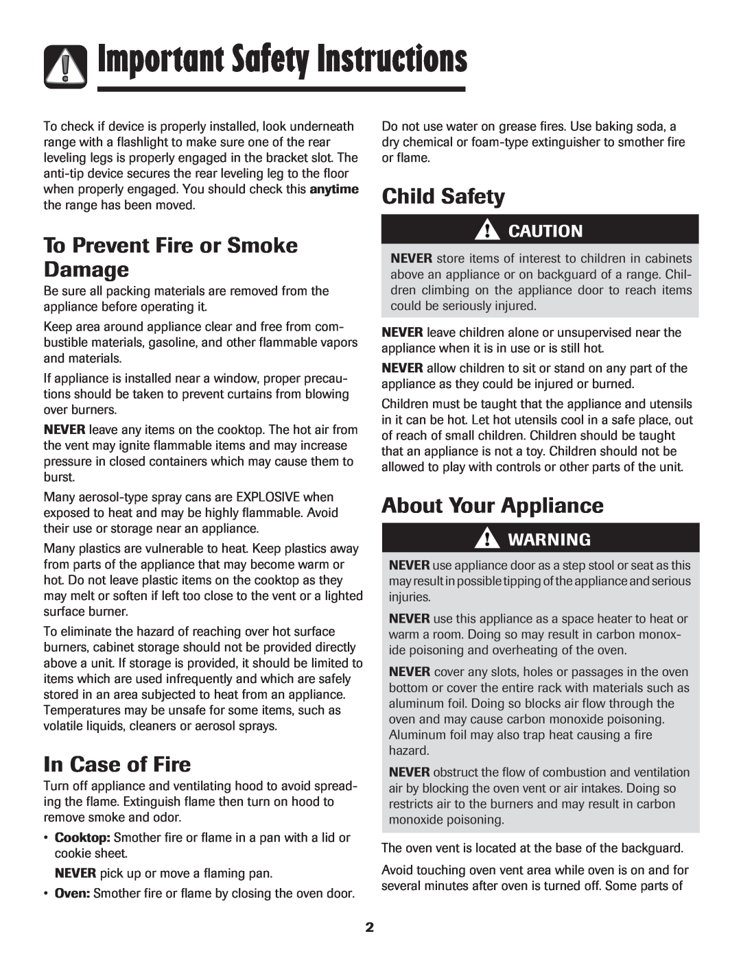 LG Electronics 800 Important Safety Instructions, To Prevent Fire or Smoke Damage, In Case of Fire, Child Safety 