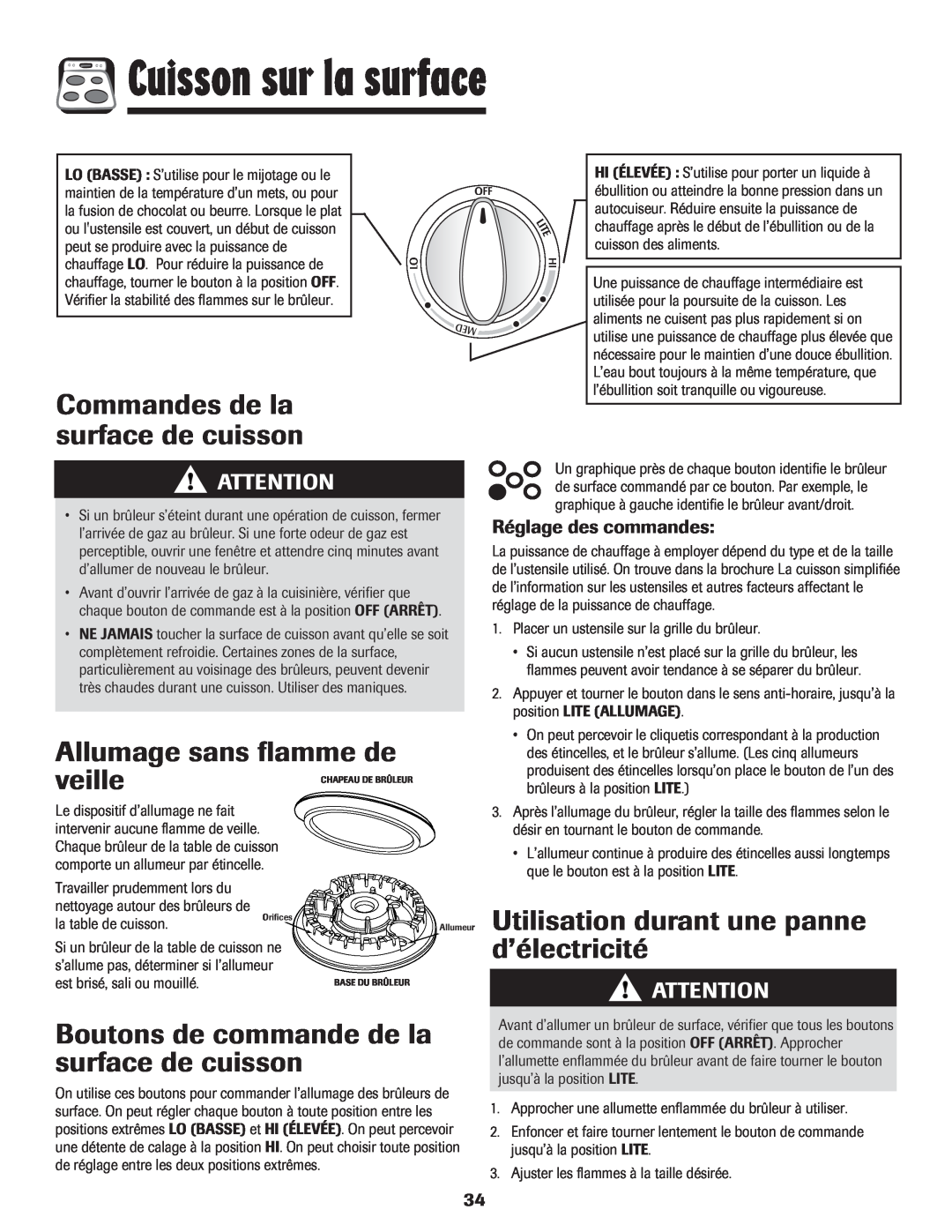 LG Electronics 800 Cuisson sur la surface, Commandes de la surface de cuisson, Allumage sans flamme de, veille 