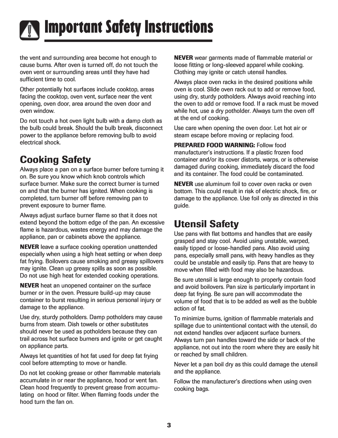 LG Electronics 800 important safety instructions Cooking Safety, Utensil Safety, Important Safety Instructions 