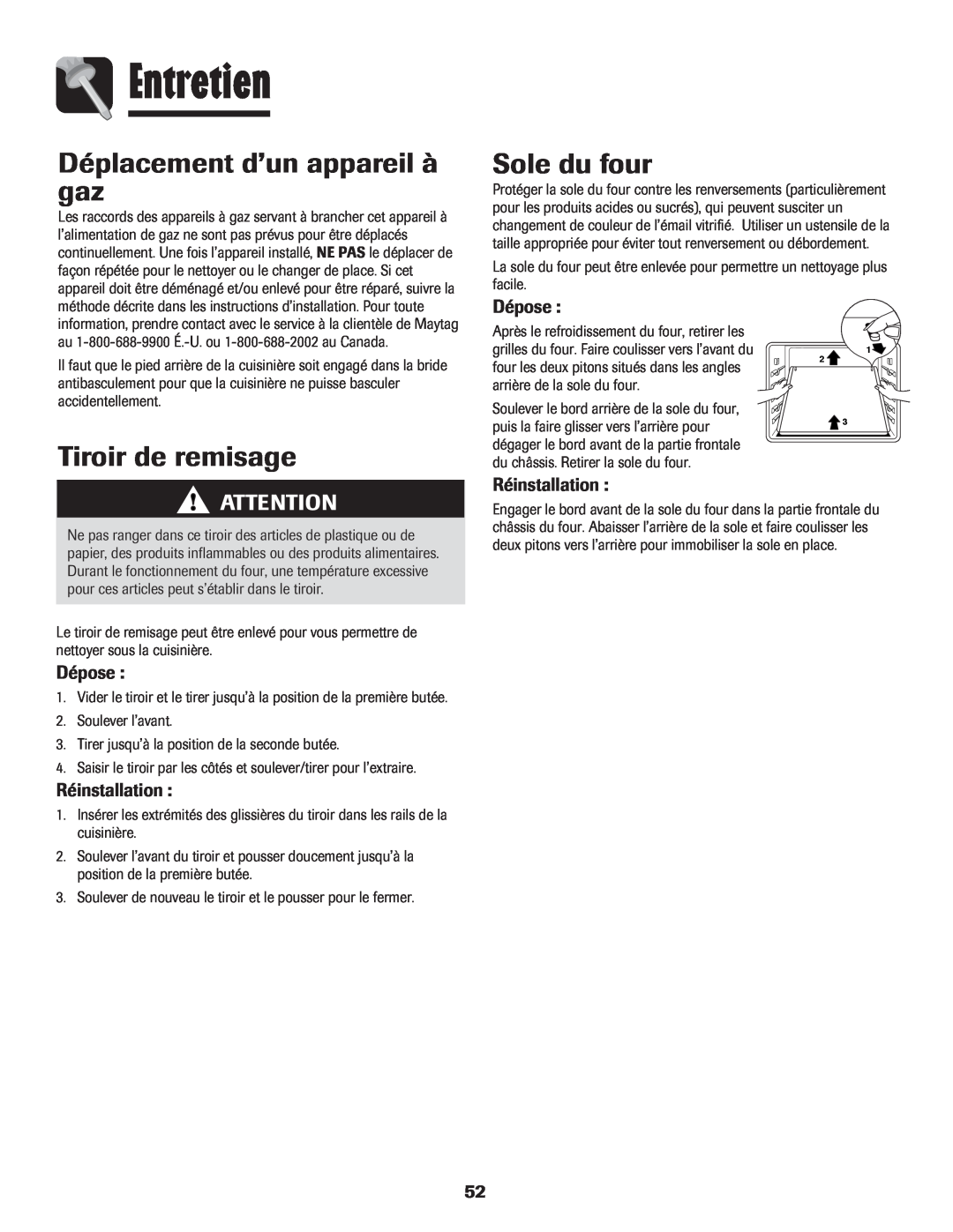 LG Electronics 800 Déplacement d’un appareil à gaz, Tiroir de remisage, Dépose, Entretien, Sole du four, Réinstallation 