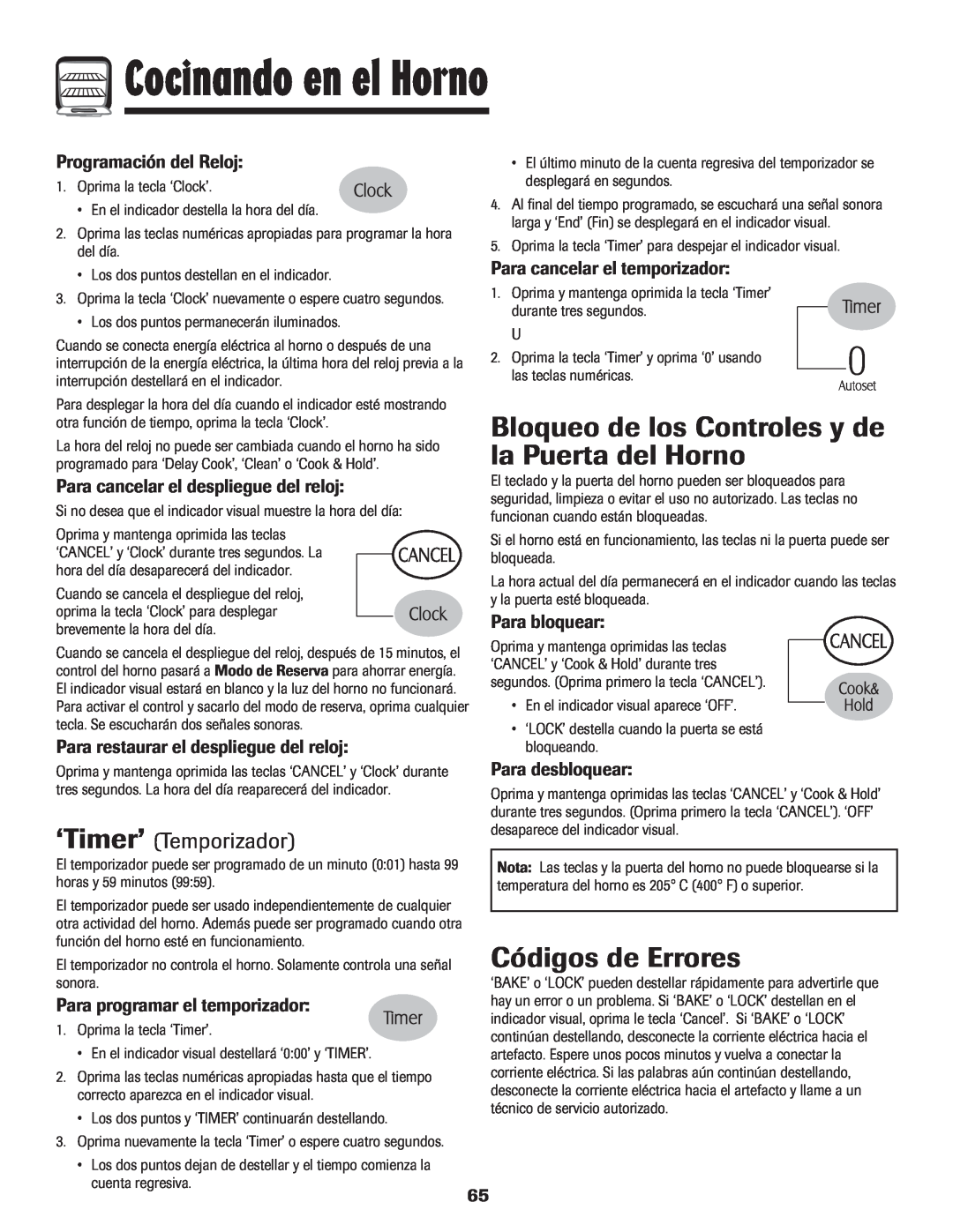 LG Electronics 800 Bloqueo de los Controles y de la Puerta del Horno, Códigos de Errores, ‘Timer’ Temporizador 