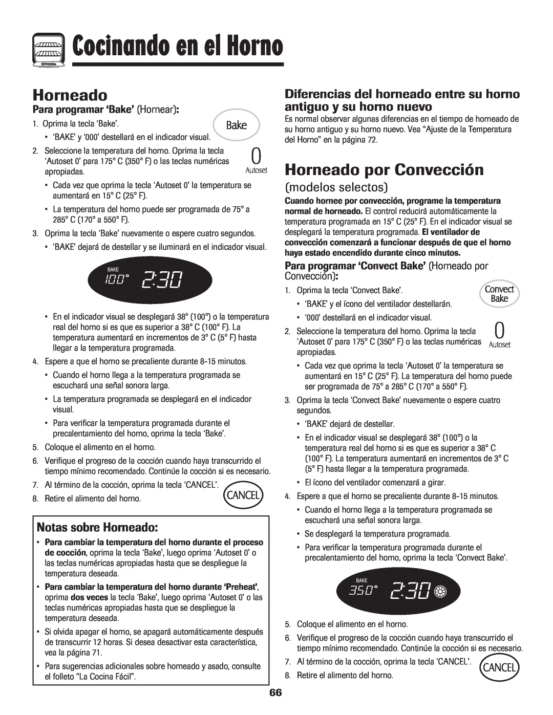 LG Electronics 800 Horneado por Convección, Notas sobre Horneado, modelos selectos, Para programar ‘Bake’ Hornear 