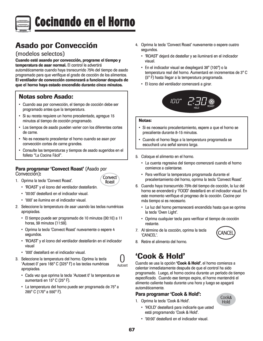 LG Electronics 800 Asado por Convección, Notas sobre Asado, Para programar ‘Cook & Hold’, Cocinando en el Horno 