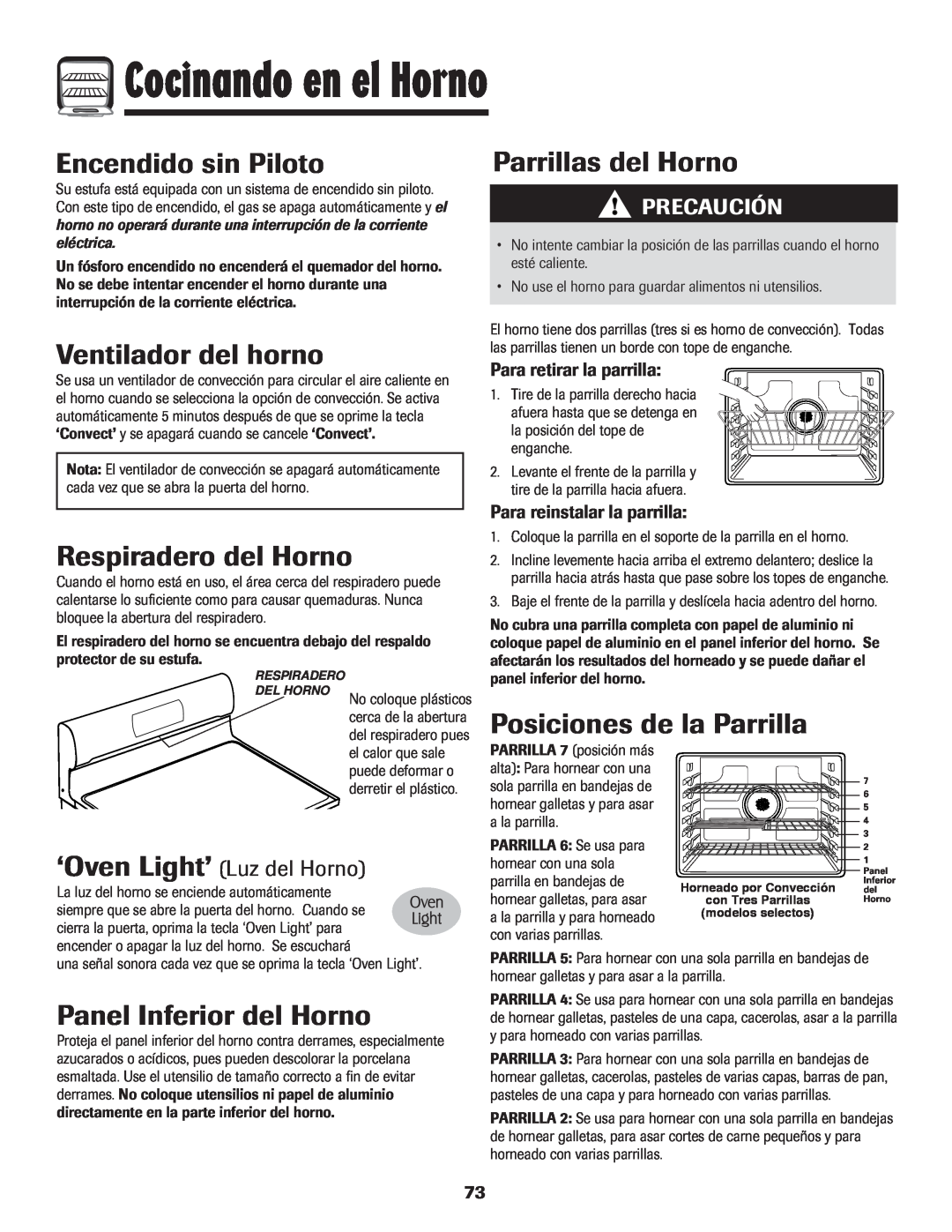 LG Electronics 800 Encendido sin Piloto, Ventilador del horno, Parrillas del Horno, Respiradero del Horno, Precaución 