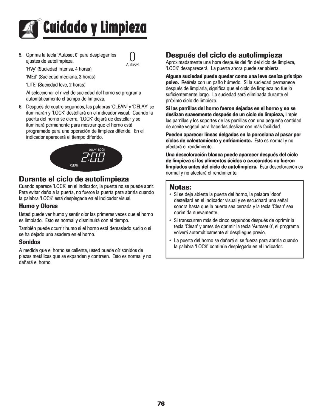 LG Electronics 800 Durante el ciclo de autolimpieza, Después del ciclo de autolimpieza, Humo y Olores, Sonidos, Notas 