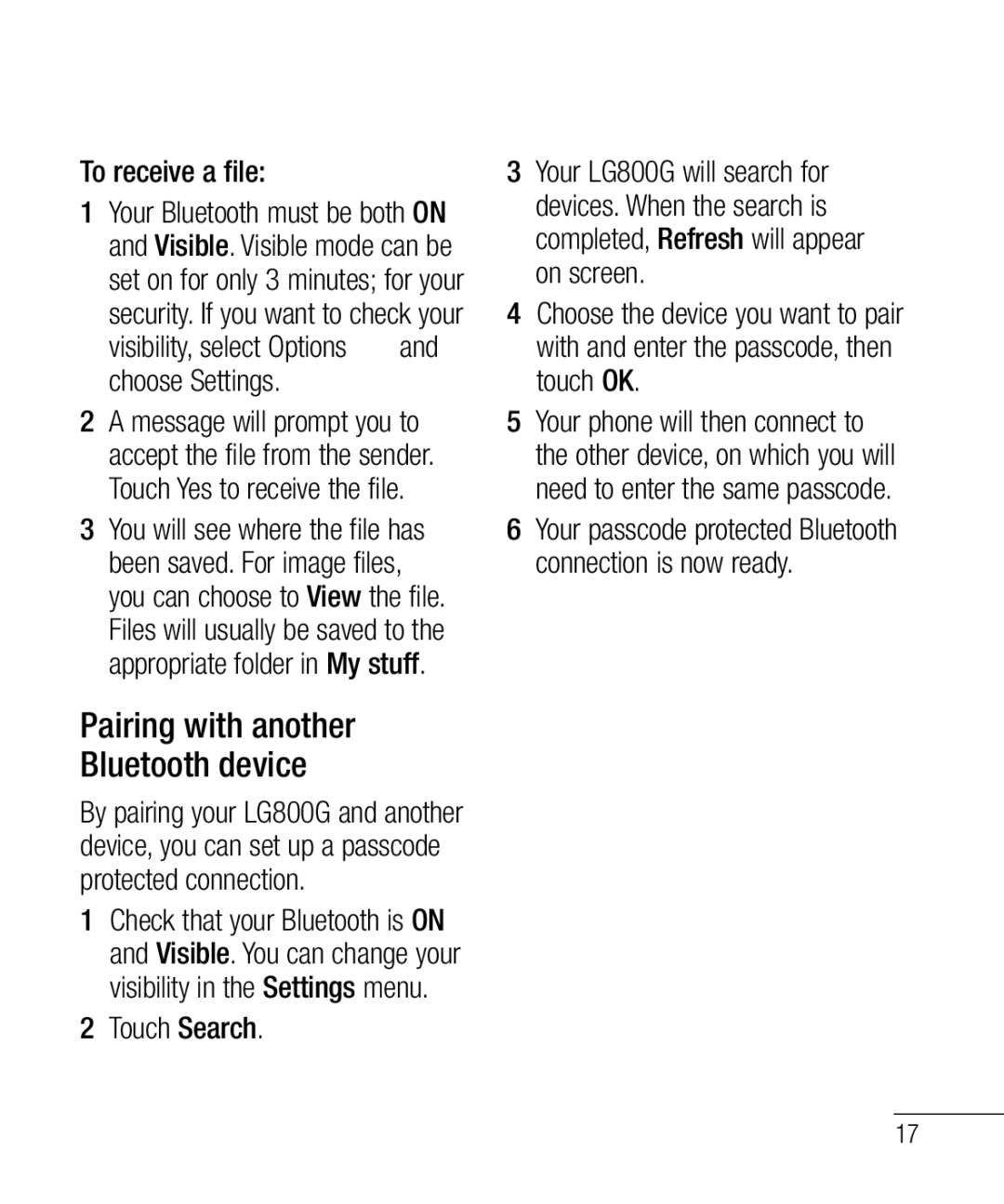 LG Electronics 800G manual Pairing with another Bluetooth device, To receive a file, Choose Settings, Touch Search 