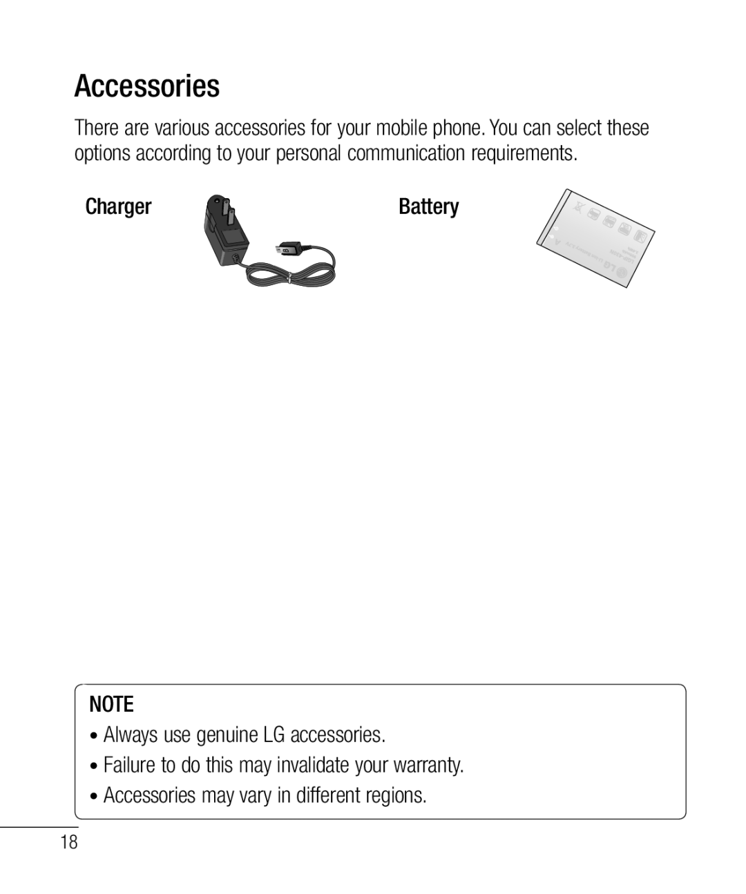 LG Electronics 800G manual Accessories, Charger 