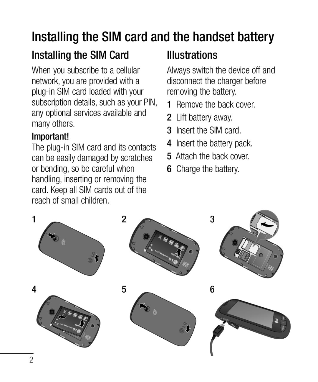 LG Electronics 800G manual Installing the SIM card and the handset battery, Installing the SIM Card, Illustrations 