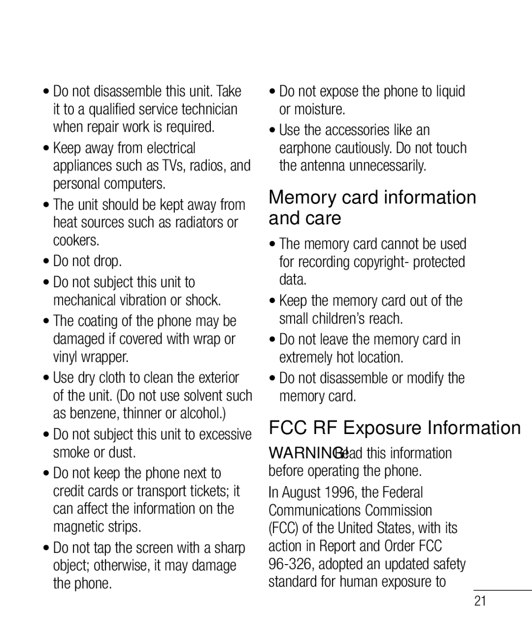 LG Electronics 800G manual Memory card information and care, FCC RF Exposure Information, Do not drop 