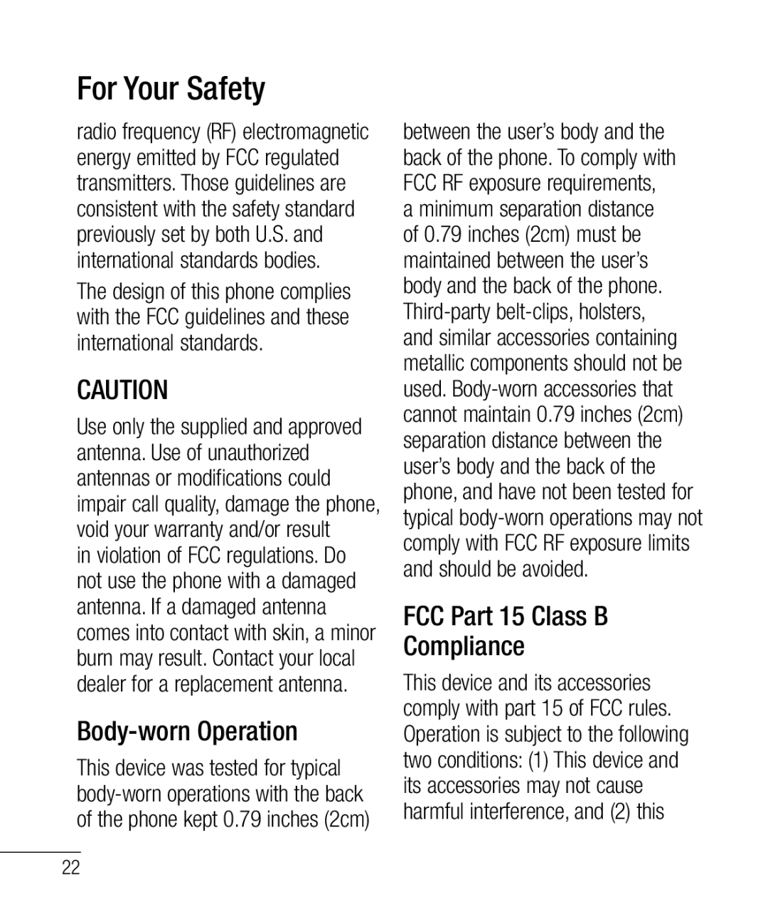 LG Electronics 800G manual Body-worn Operation, FCC Part 15 Class B Compliance 