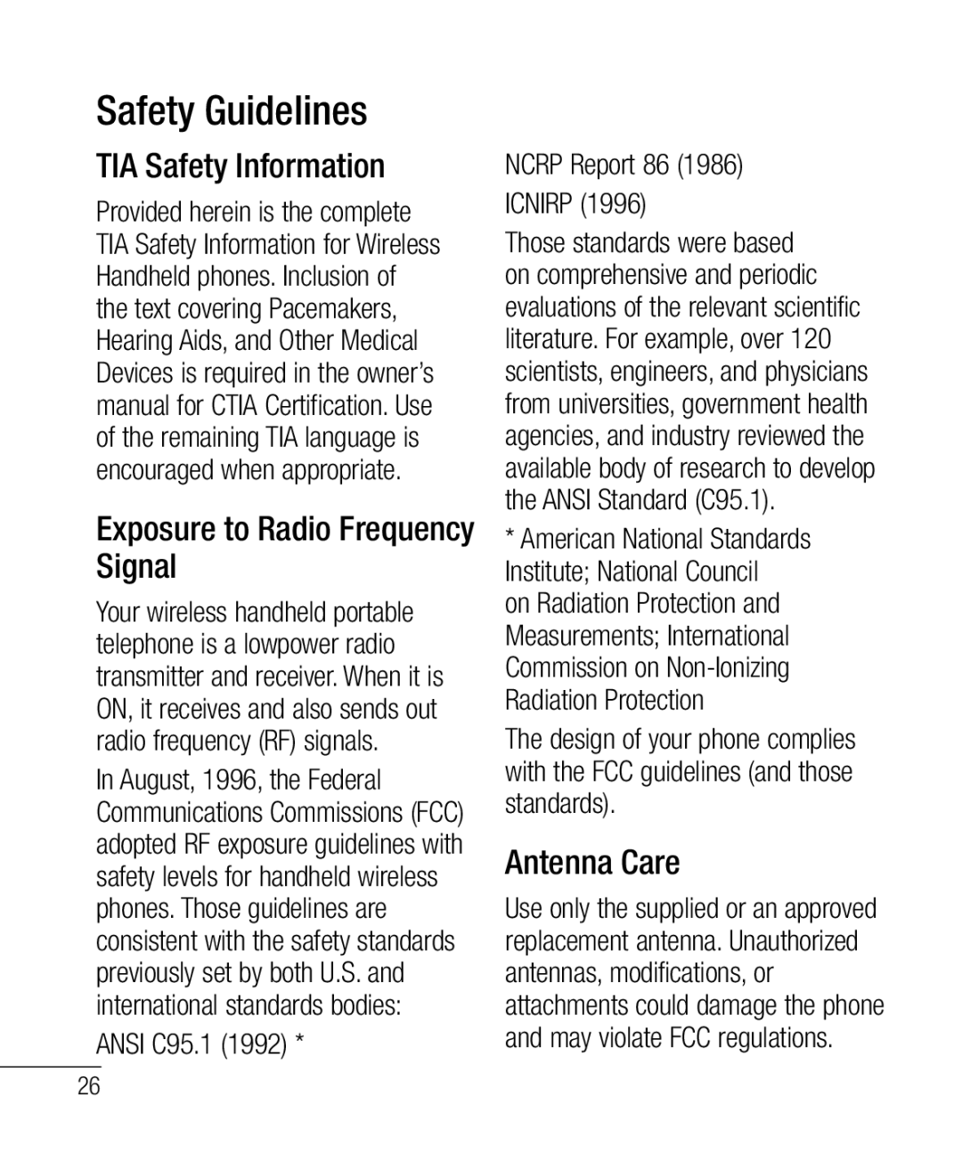 LG Electronics 800G Safety Guidelines, TIA Safety Information Exposure to Radio Frequency Signal, Antenna Care, Ansi C95.1 