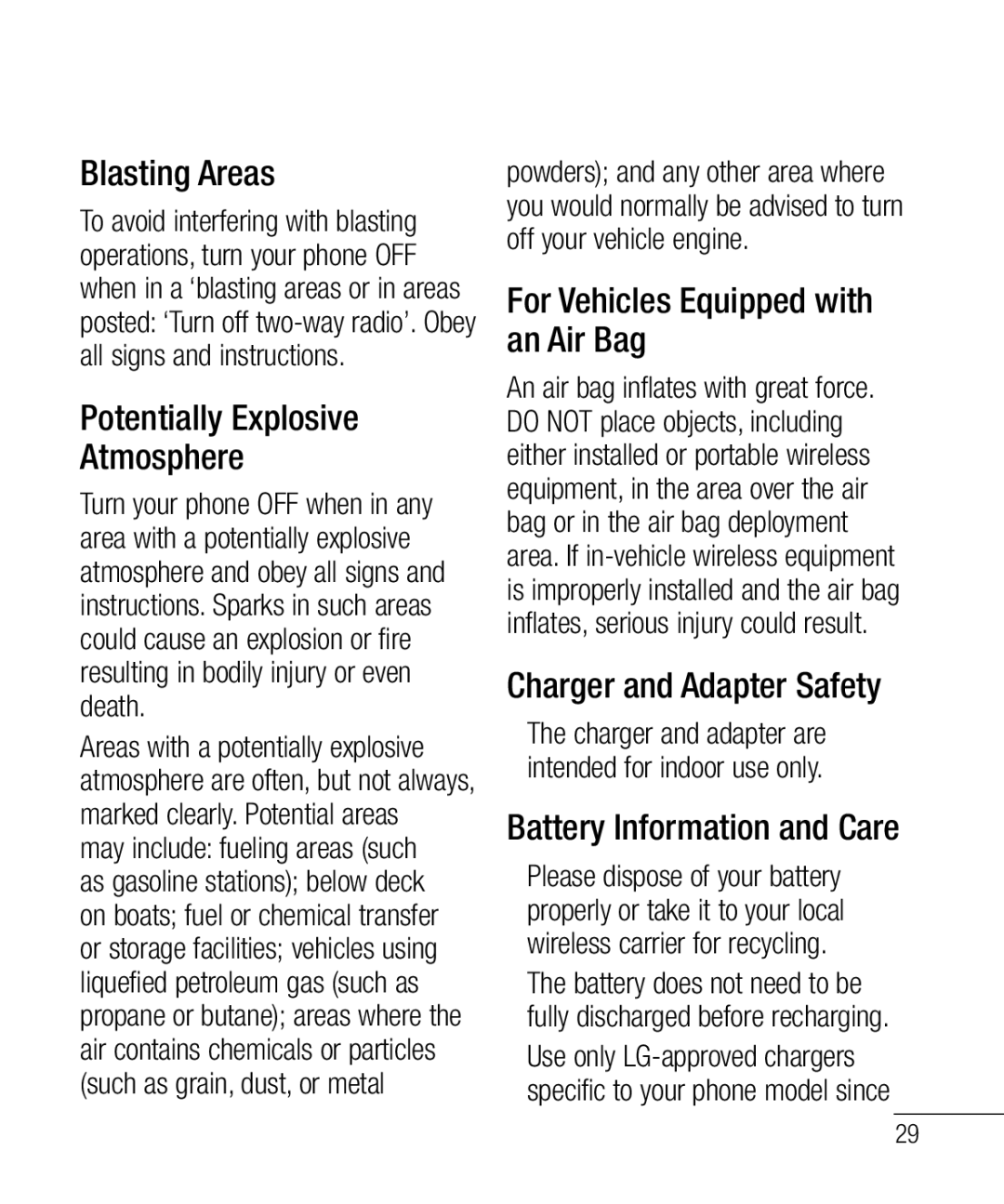 LG Electronics 800G manual Blasting Areas, Potentially Explosive Atmosphere, For Vehicles Equipped with an Air Bag 