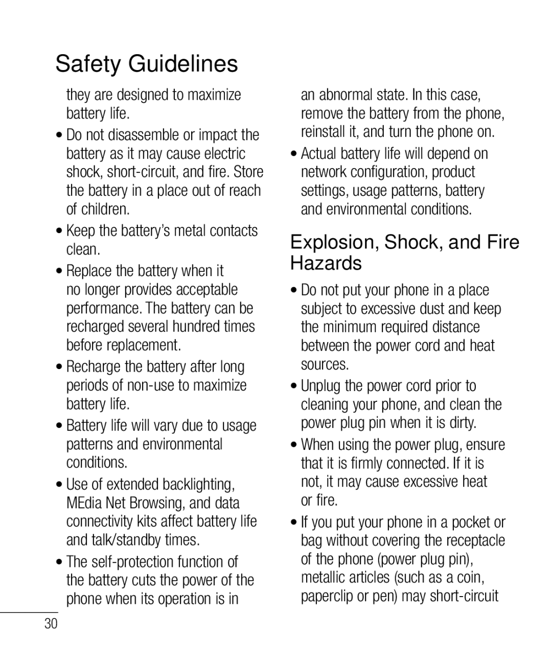 LG Electronics 800G manual Explosion, Shock, and Fire Hazards, They are designed to maximize battery life 