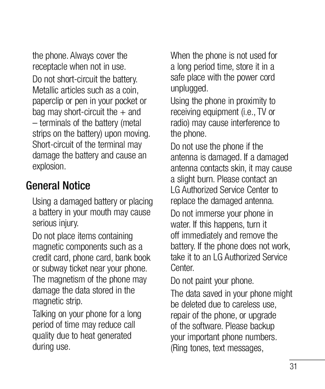 LG Electronics 800G manual General Notice 