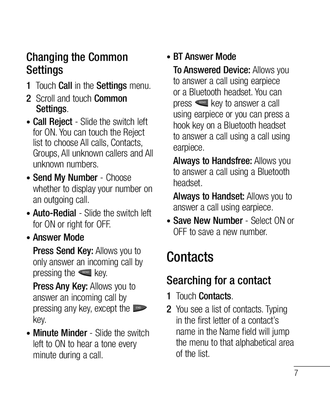 LG Electronics 800G manual Contacts, Changing the Common Settings, Searching for a contact 