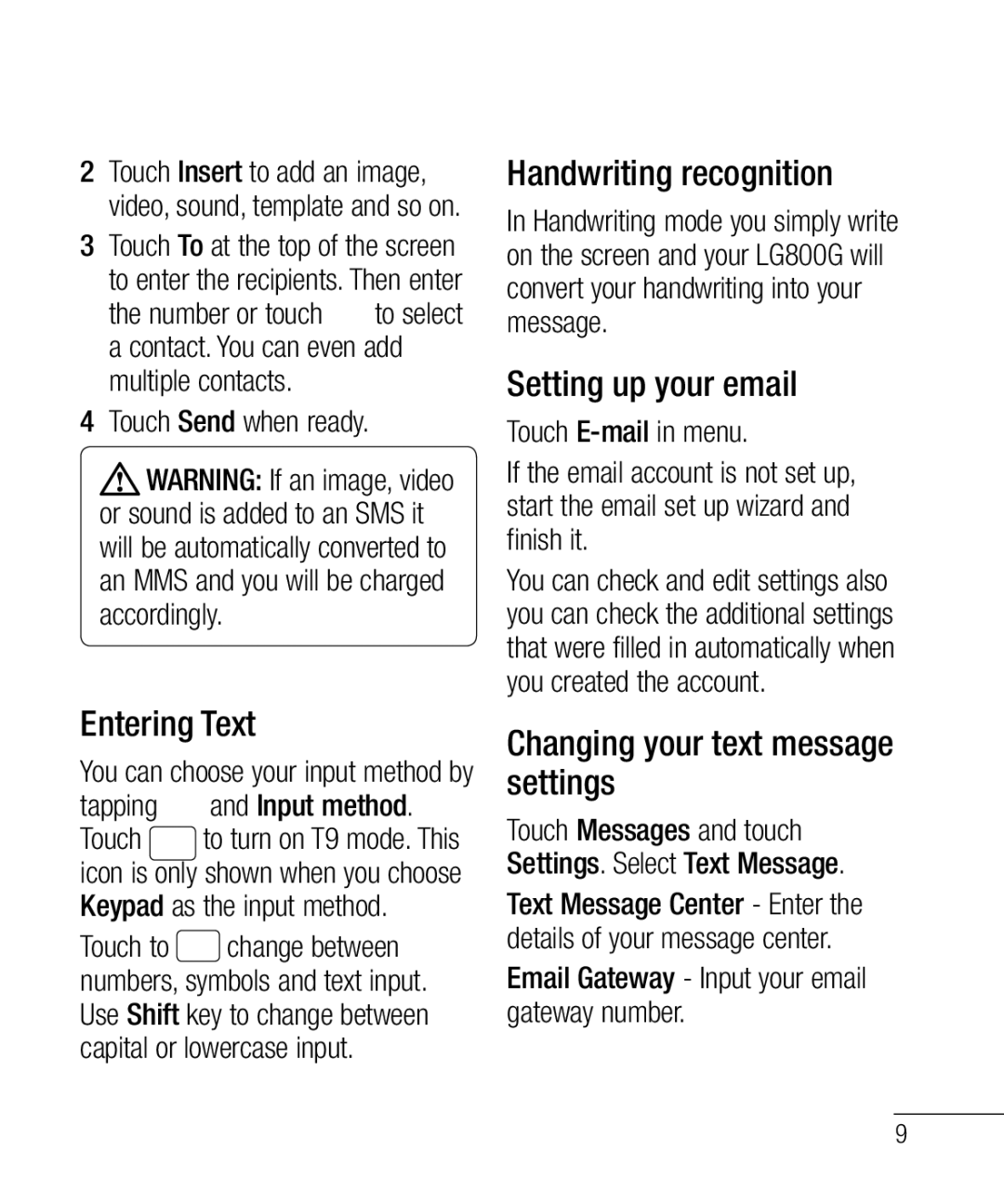 LG Electronics 800G Entering Text, Handwriting recognition, Setting up your email, Changing your text message settings 