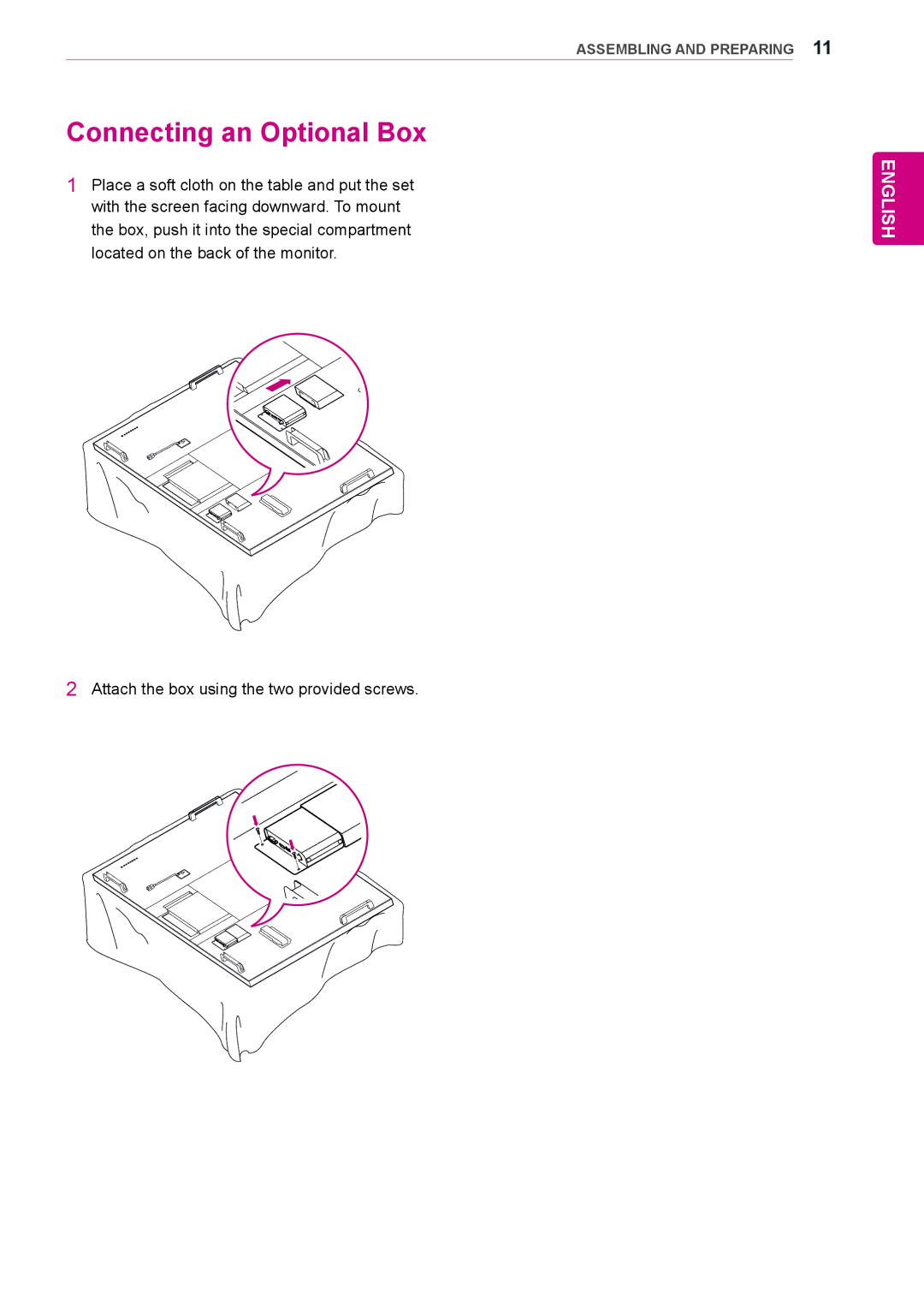 LG Electronics 84WS70MS owner manual Connecting an Optional Box, Attach the box using the two provided screws 