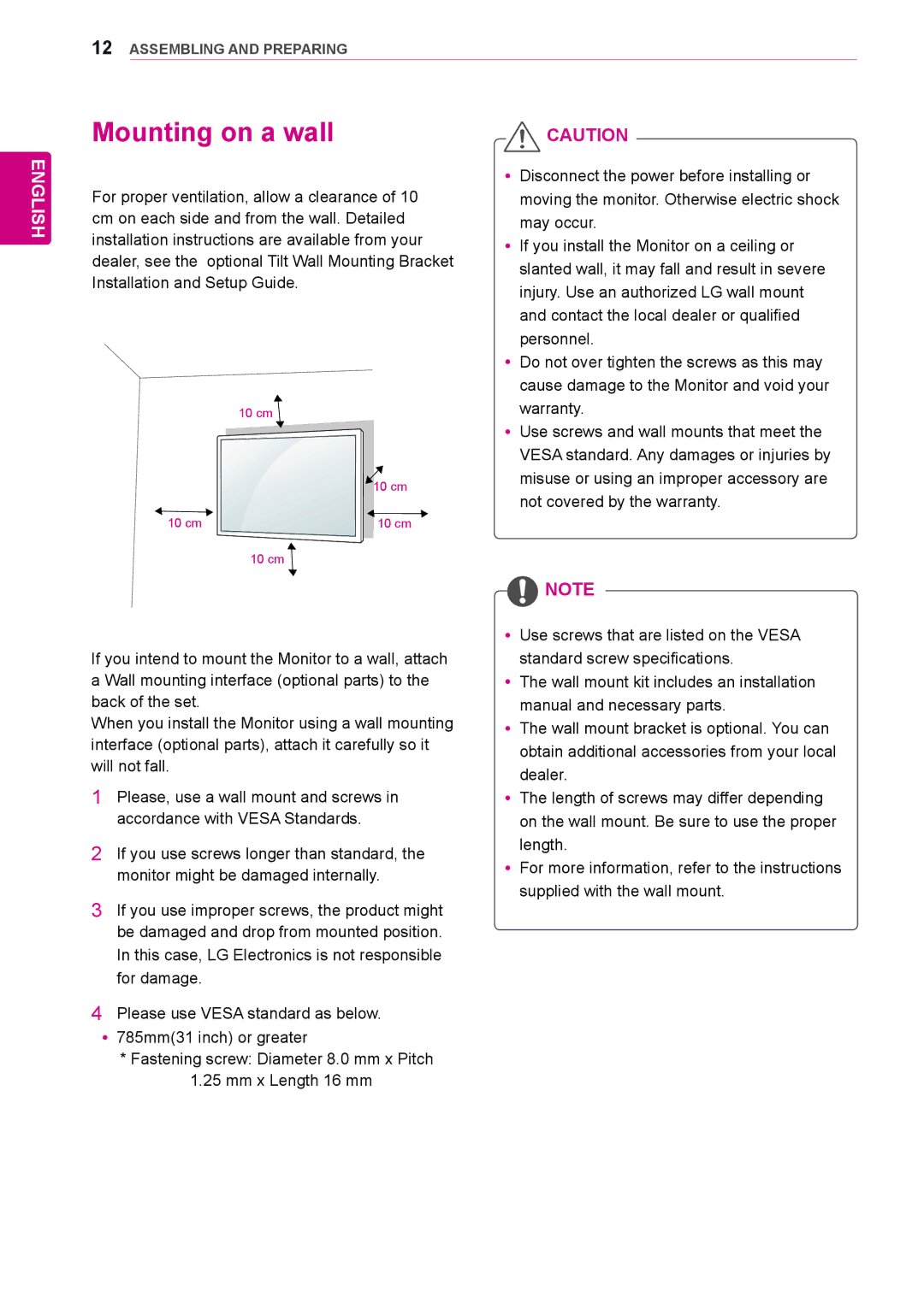 LG Electronics 84WS70MS owner manual Mounting on a wall 