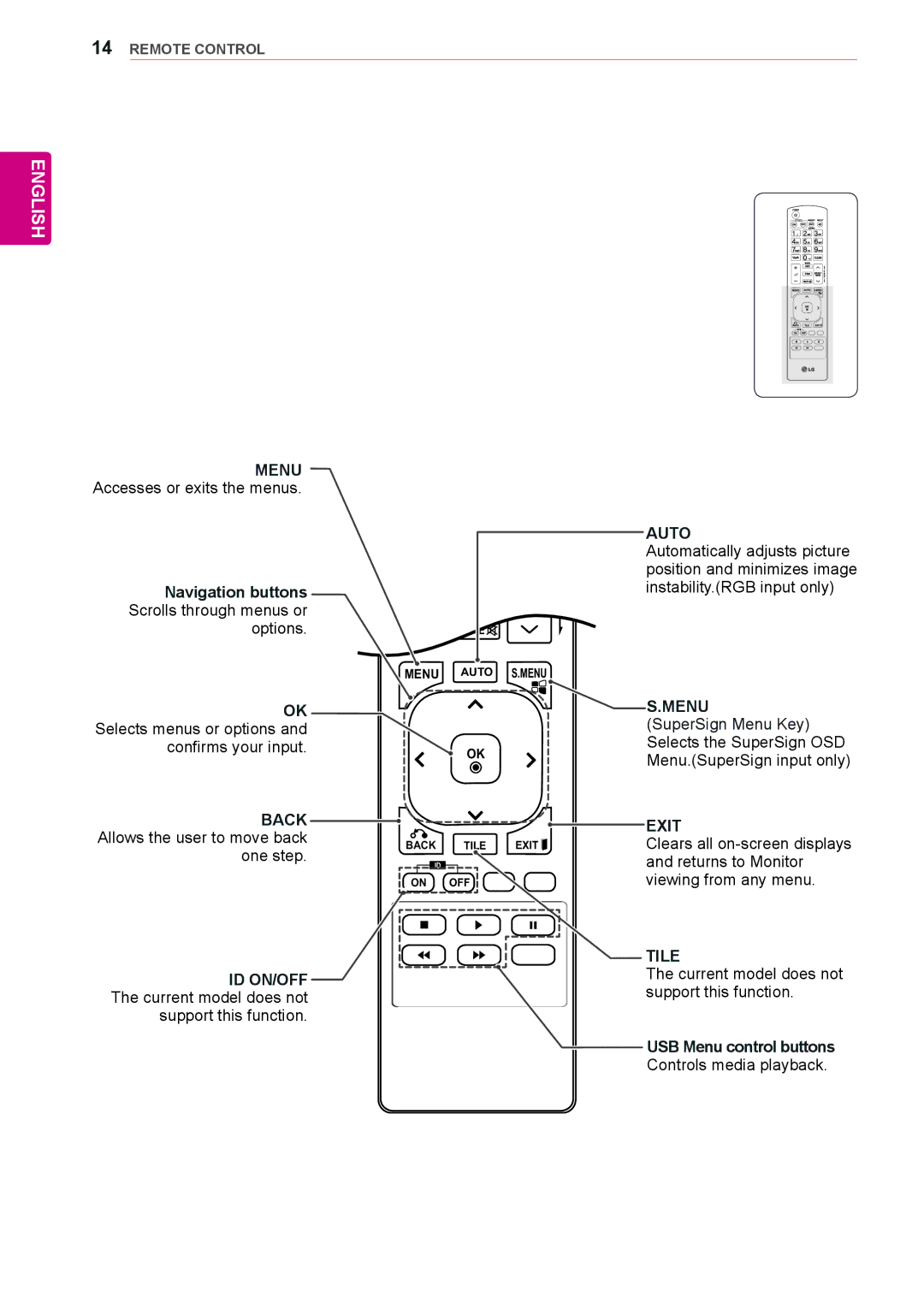 LG Electronics 84WS70MS owner manual Navigation buttons Scrolls through menus or, USB Menu control buttons 