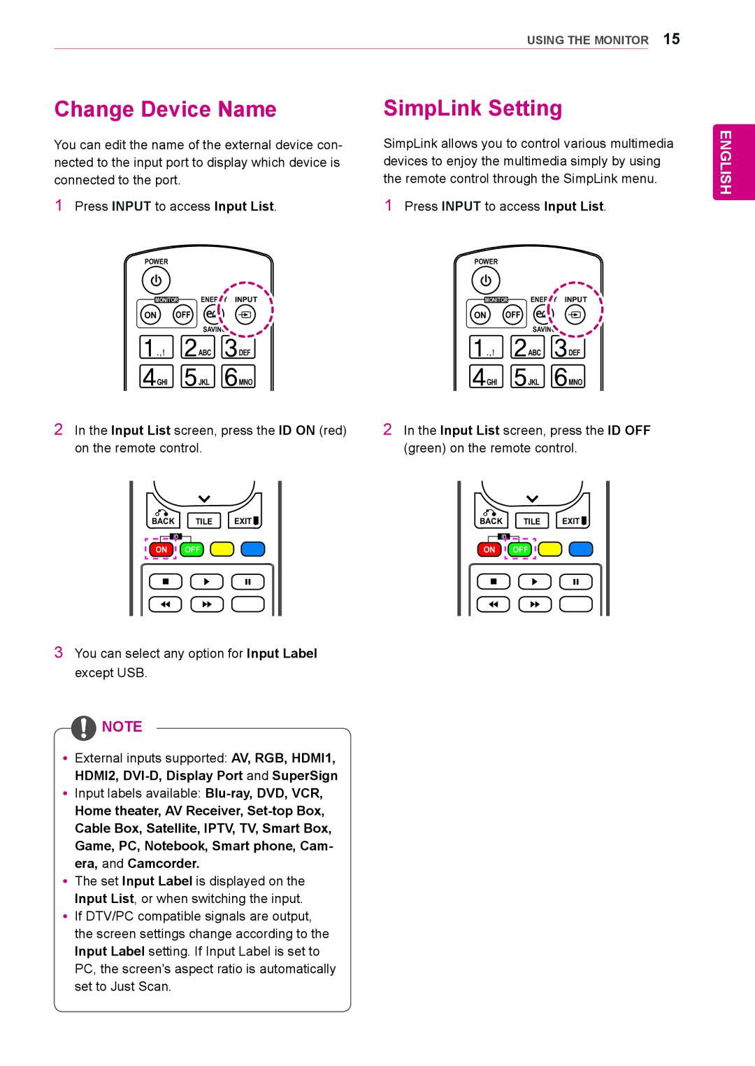 LG Electronics 84WS70MS Change Device Name SimpLink Setting, You can select any option for Input Label except USB 