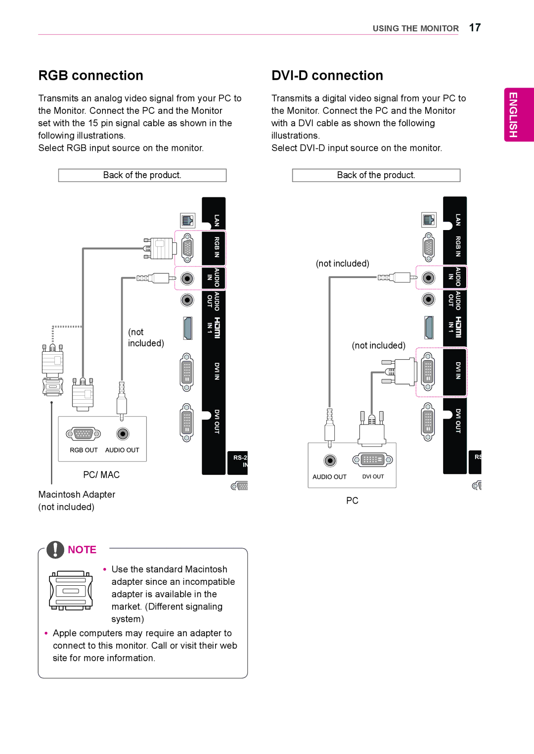 LG Electronics 84WS70MS owner manual RGB connection DVI-D connection, Macintosh Adapter not included 