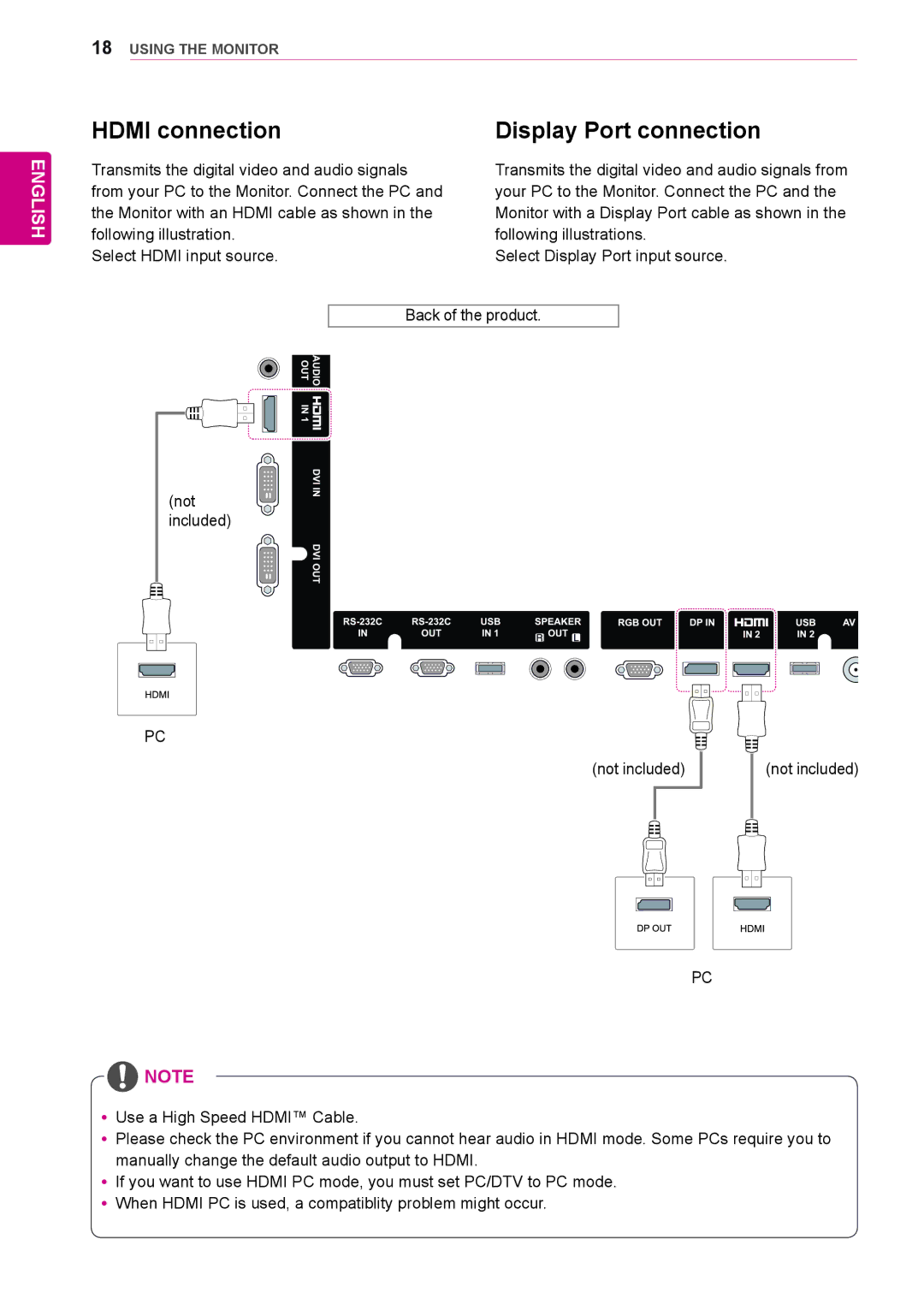 LG Electronics 84WS70MS owner manual Hdmi connection, Display Port connection 