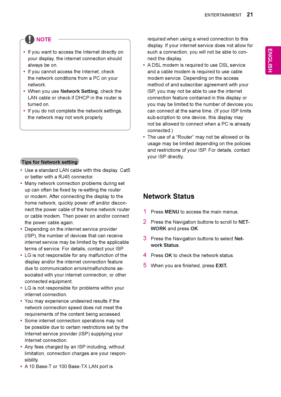 LG Electronics 84WS70MS owner manual Network Status, Tips for Network setting 