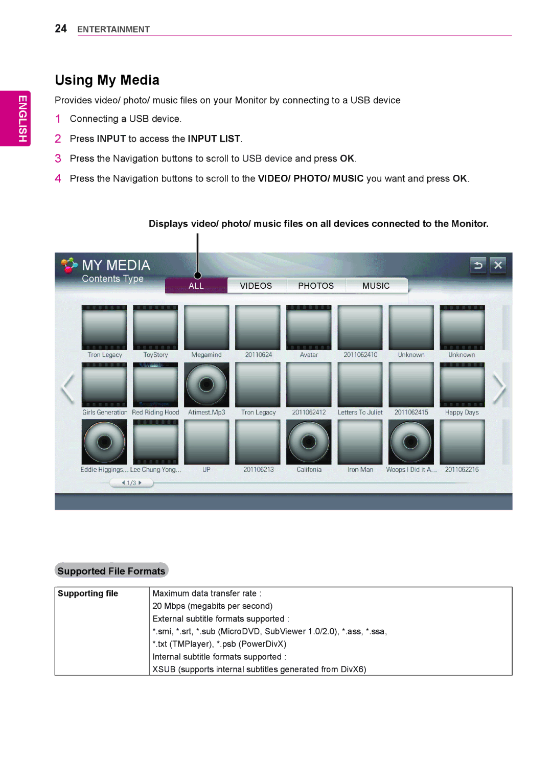 LG Electronics 84WS70MS owner manual Using My Media, Supported File Formats, Supporting file 