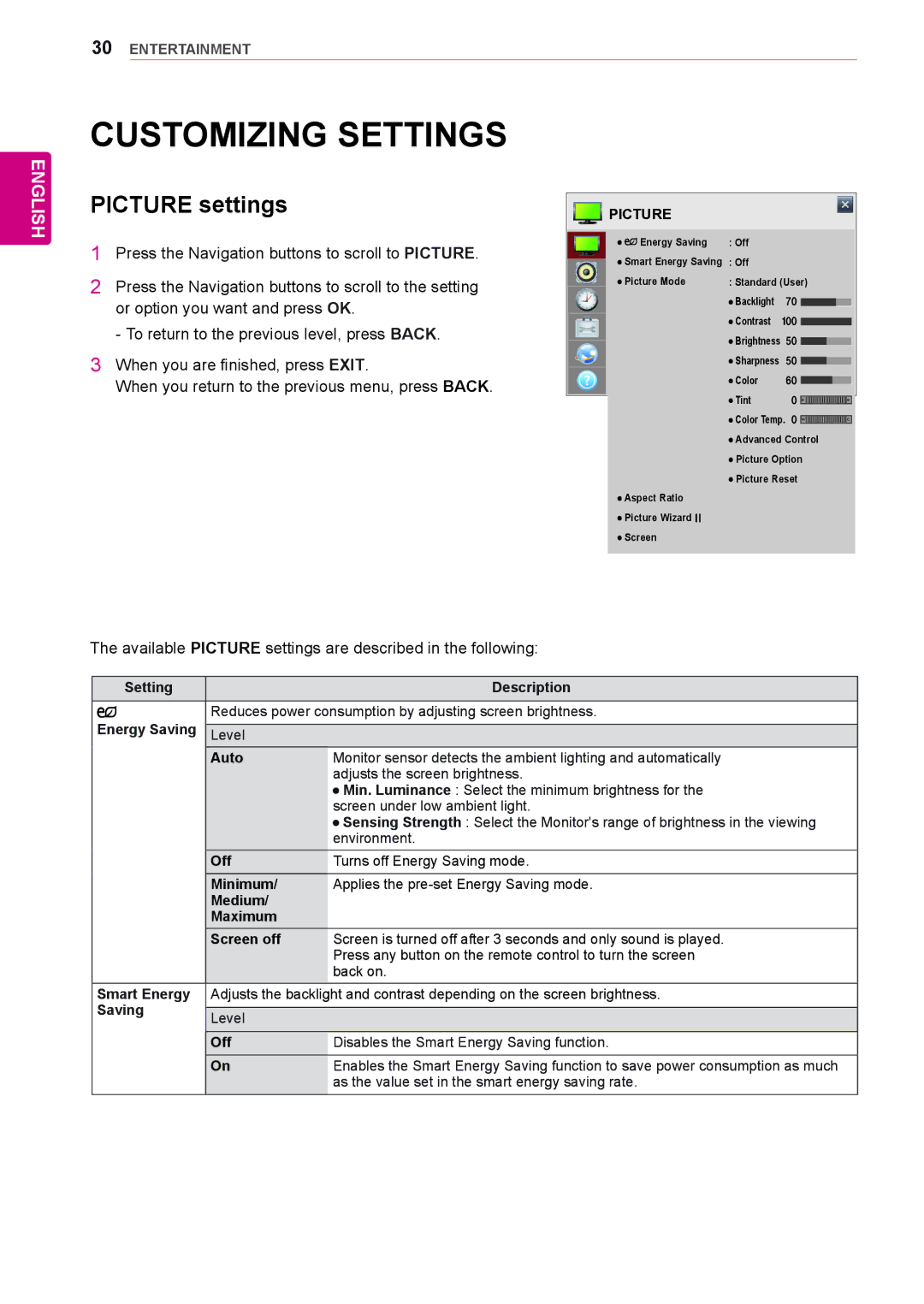 LG Electronics 84WS70MS owner manual Customizing Settings, Available Picture settings are described in the following 