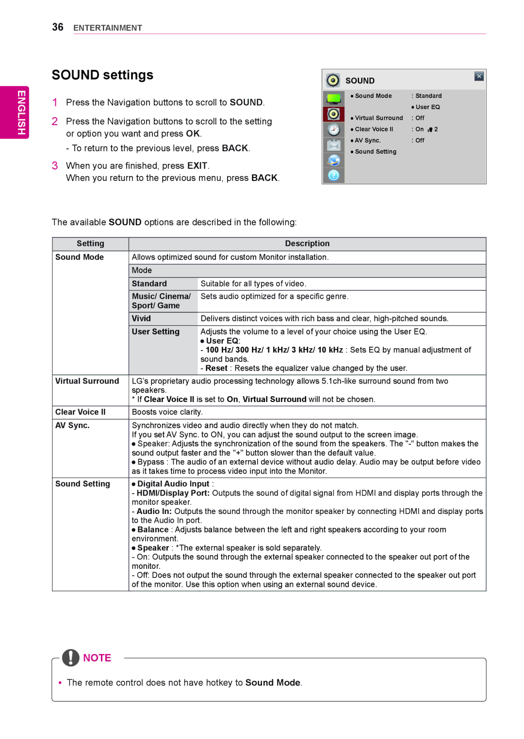 LG Electronics 84WS70MS owner manual Sound settings, Available Sound options are described in the following 