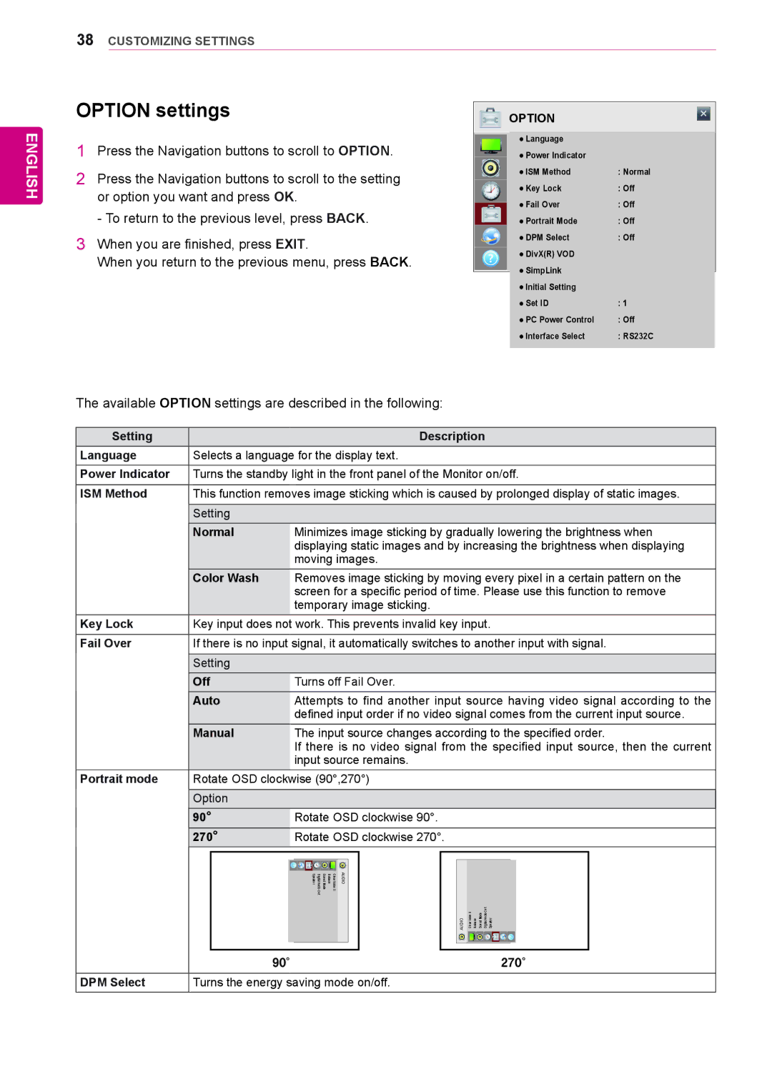 LG Electronics 84WS70MS owner manual Available Option settings are described in the following 