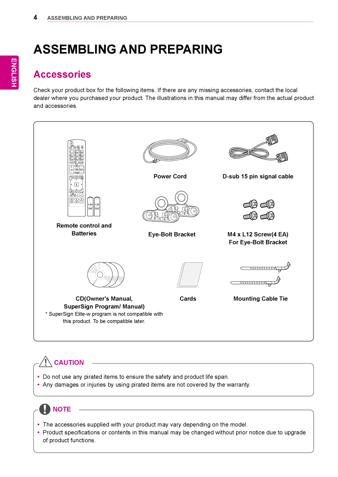 LG Electronics 84WS70MS owner manual Assembling and Preparing, Accessories 