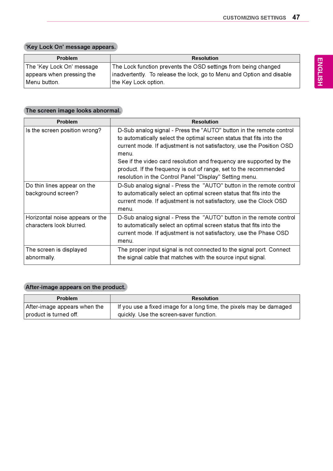 LG Electronics 84WS70MS owner manual Key Lock On message appears, After-image appears on the product 