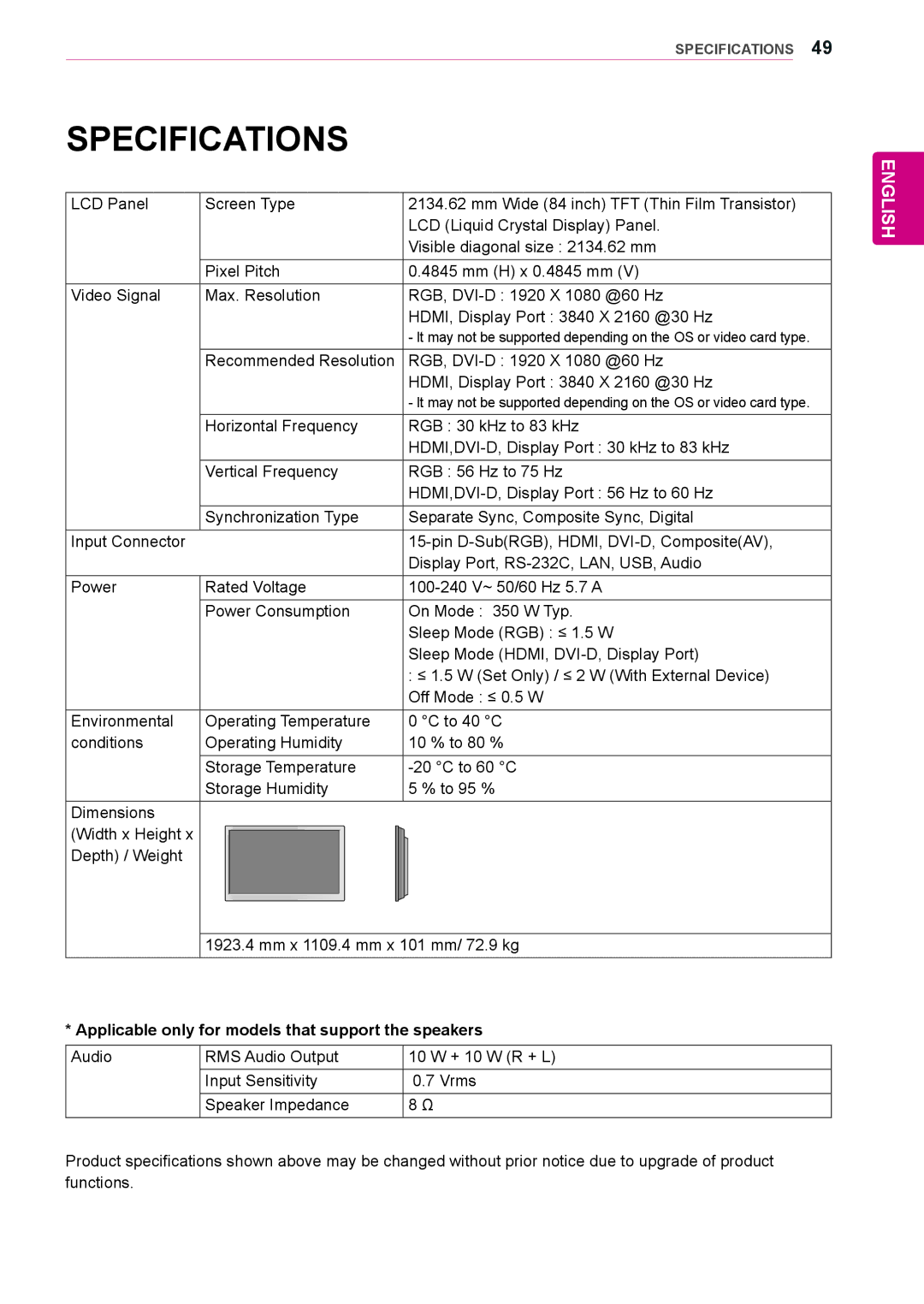 LG Electronics 84WS70MS owner manual Specifications, Applicable only for models that support the speakers 