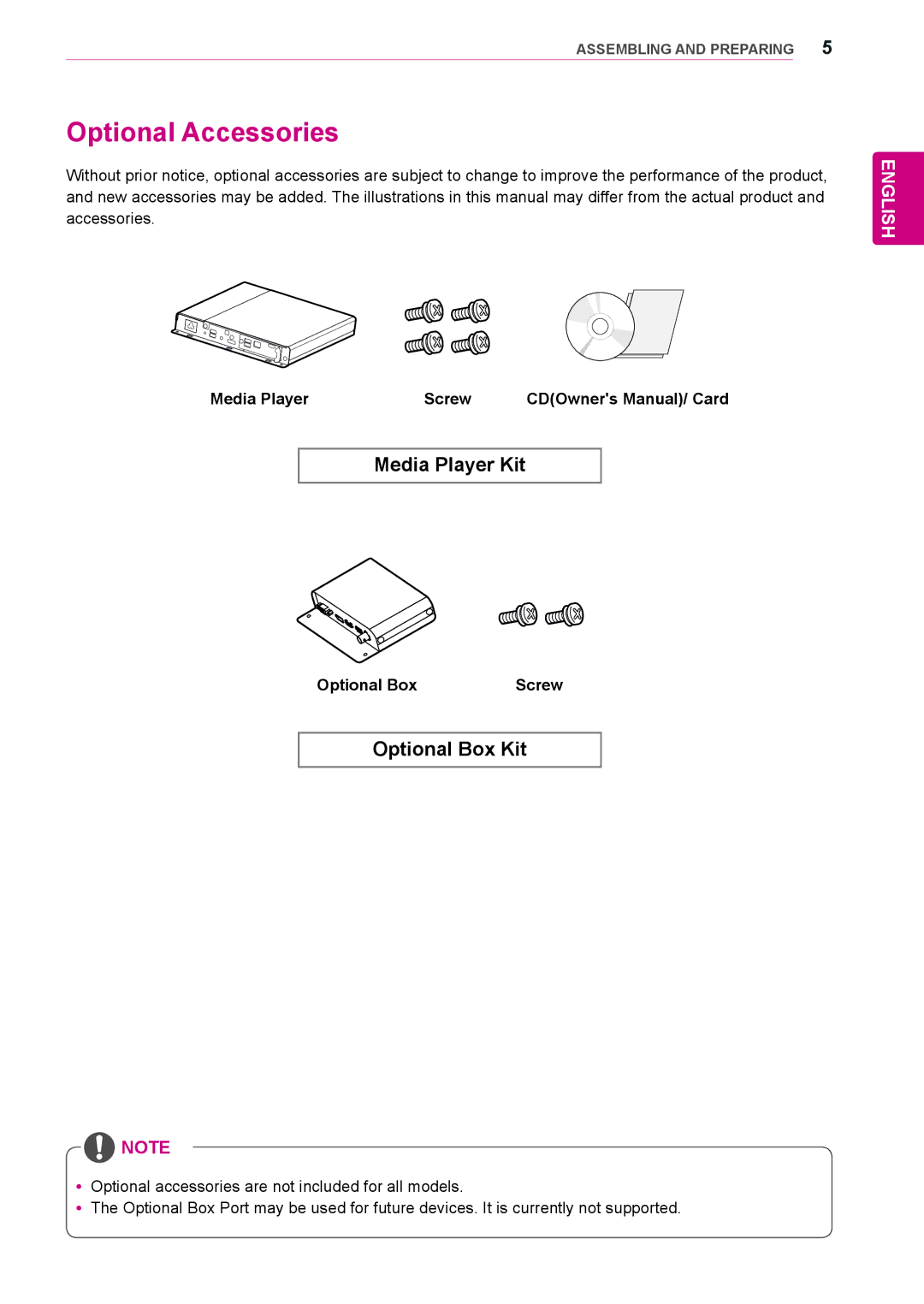 LG Electronics 84WS70MS owner manual Optional Accessories, Media Player Screw, Optional Box 