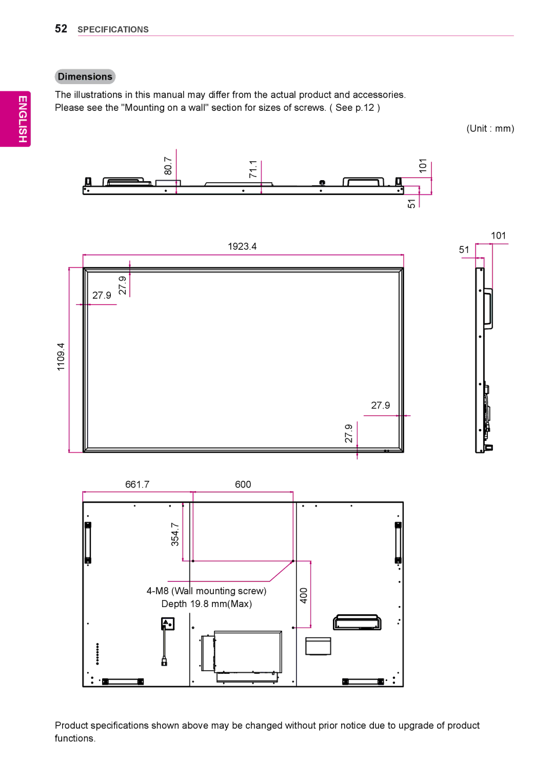 LG Electronics 84WS70MS owner manual Dimensions 