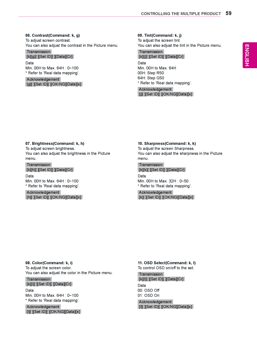 LG Electronics 84WS70MS owner manual ContrastCommand k, g TintCommand k, j, BrightnessCommand k, h SharpnessCommand k, k 