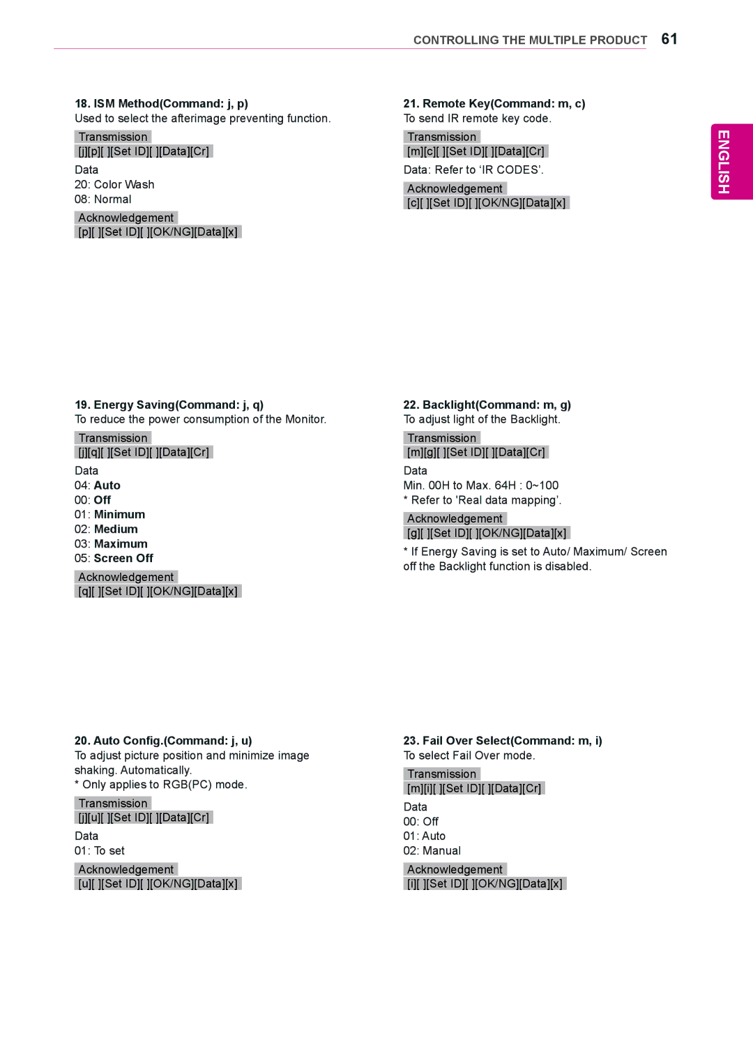 LG Electronics 84WS70MS owner manual ISM MethodCommand j, p Remote KeyCommand m, c, Energy SavingCommand j, q, Medium 