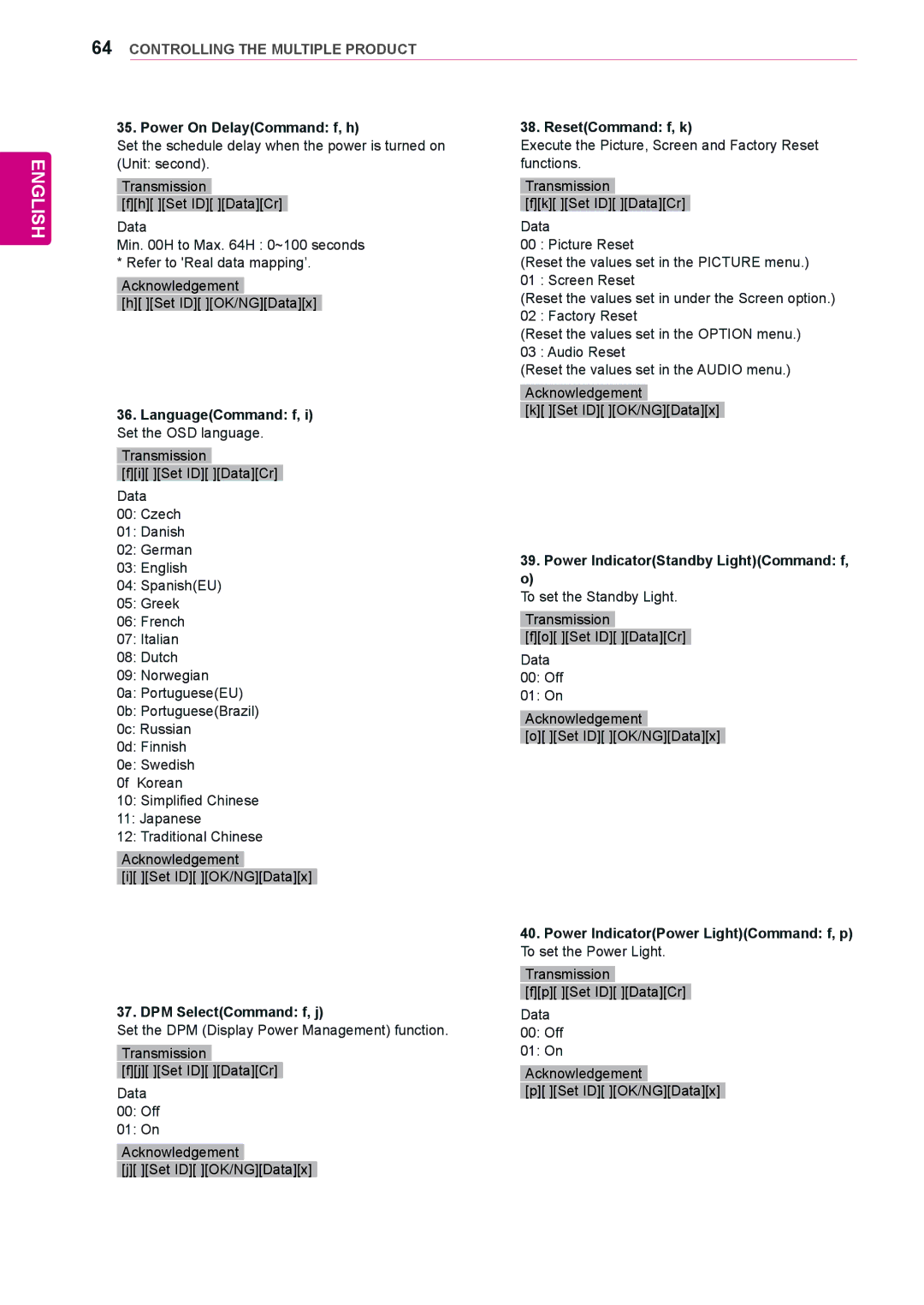 LG Electronics 84WS70MS Power On DelayCommand f, h ResetCommand f, k, LanguageCommand f, DPM SelectCommand f, j 