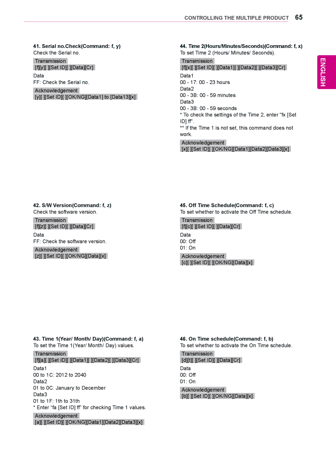 LG Electronics 84WS70MS owner manual Serial no.CheckCommand f, y Check the Serial no, Off Time ScheduleCommand f, c 